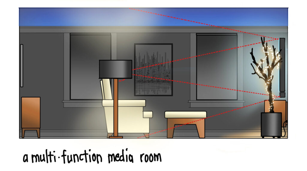 An illustration of a living room with a chair with a lamp next to it in front of a TV that's next to a tree with lights on it. The image is labelled "a multi-function media room"