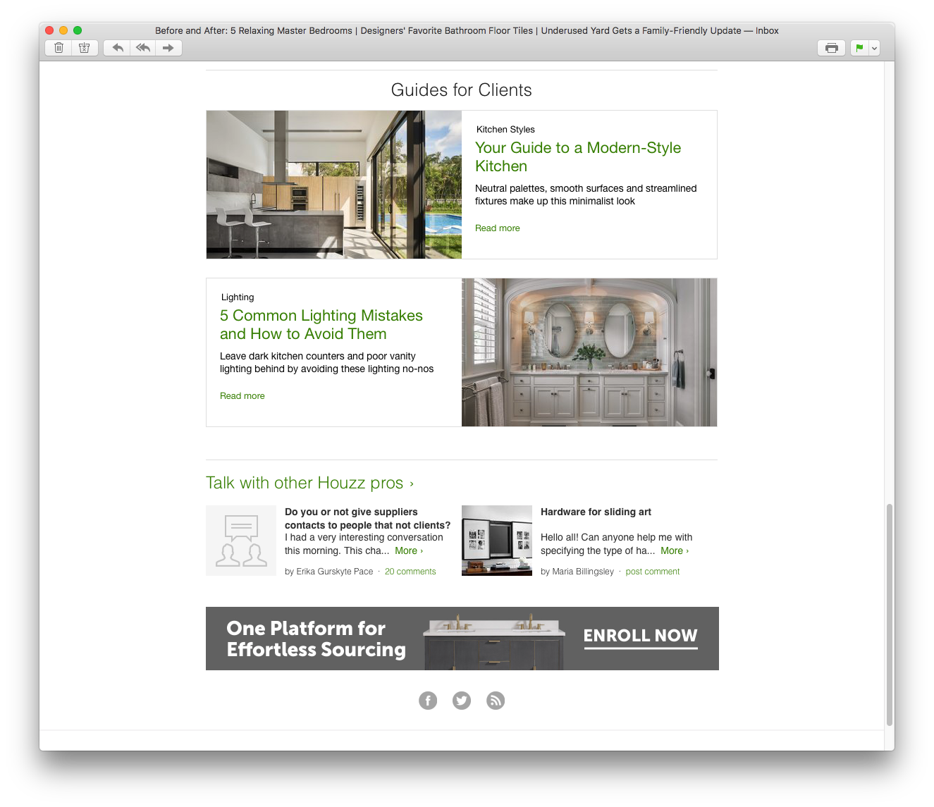 A screenshot of a webpage from Houzz featuring the articles "Your Guide to a Modern-Style Kitchen" and "5 Common Lighting Mistakes and How to Avoid Them."