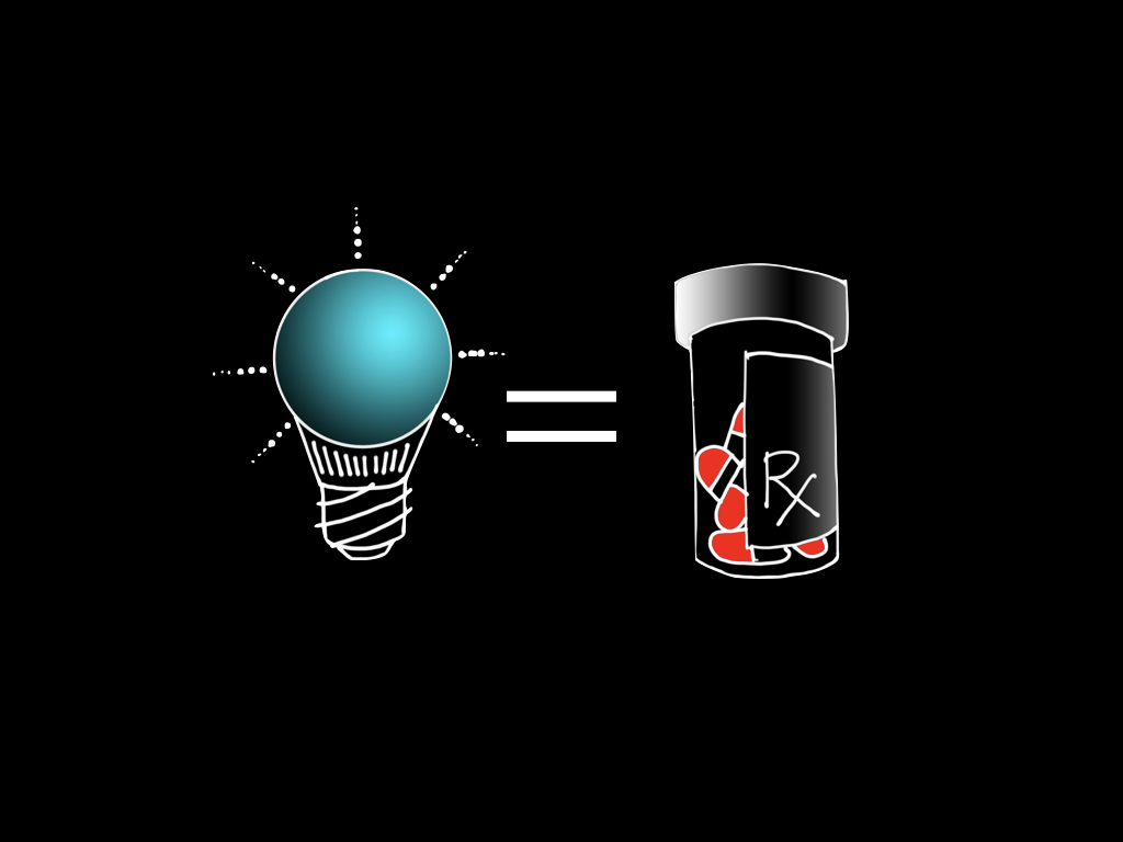 A graphic illustration of a light bulb equals sign bottle of perscription pills.