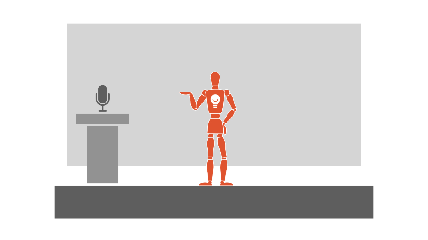 An illustration of a pedestal with a microphone on top of it on the left and in the center is a human sized drawing dummy with the Light Can Help You light bulb logo on it's chest