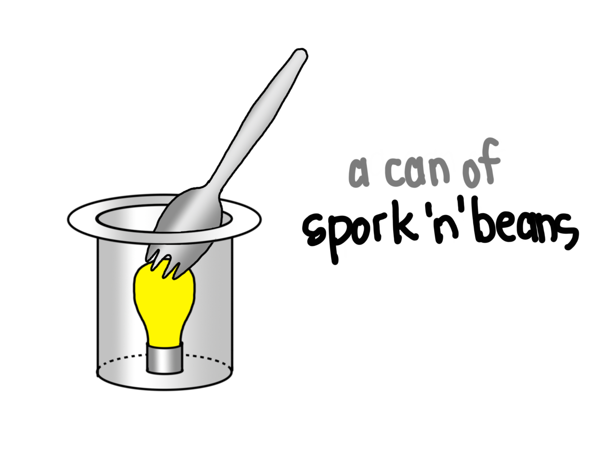 An illustration of an upside down canned lighting with bulb with a spork sticking out of it, labelled "a can of spork'n'beans"