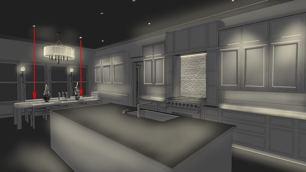 A CAD recreation of a kitchen with a big island, cabinets, and a dining table behind the island. The cabinets over the counter are highlighted with lights directed downwards. Two red arrows call out circular lights in the ceiling that illuminate the dining room table.