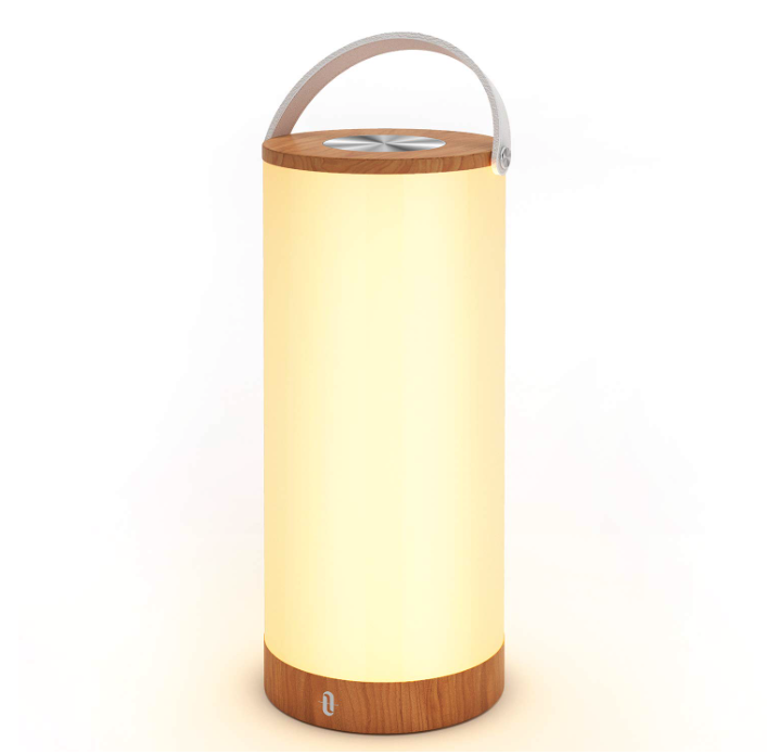 A cylindrical lantern with a wooden top and bottom