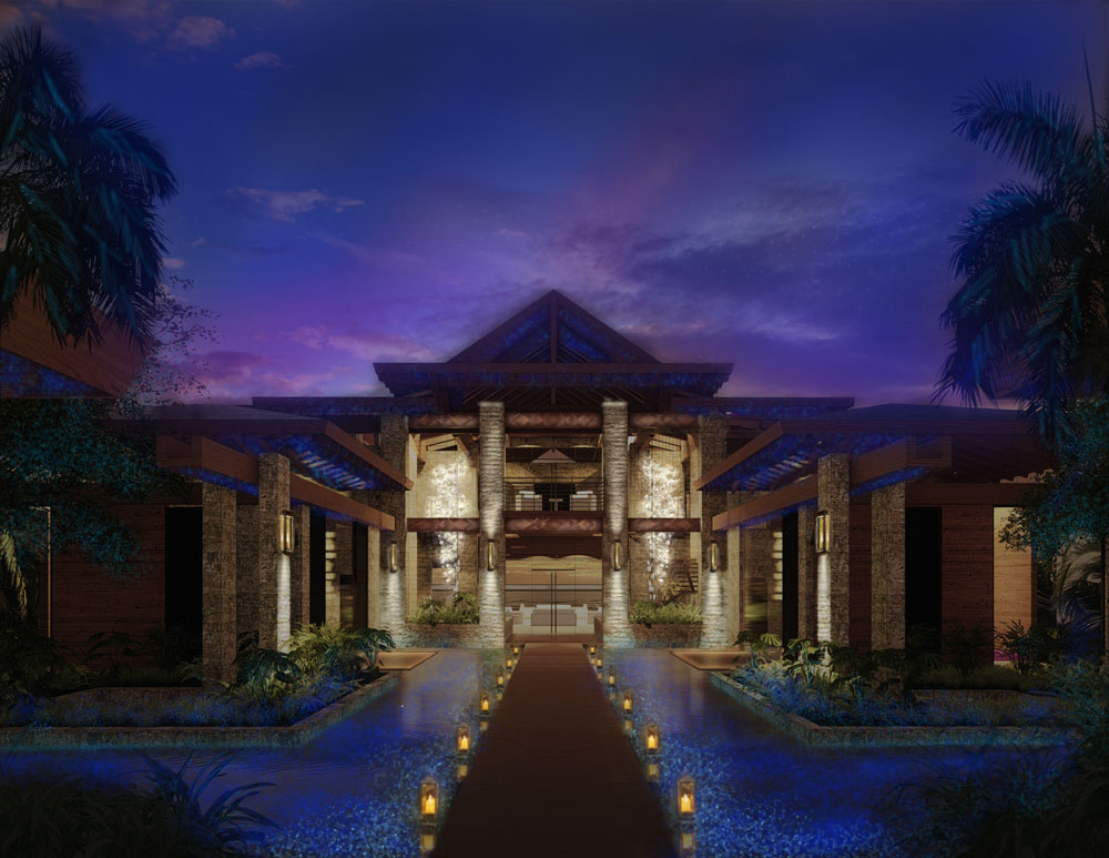 A digital rendering of the front of a taj mahal looking house at dusk with many lights in the front