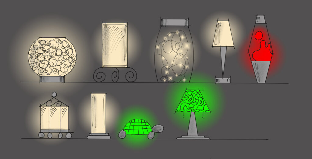 An illustrated diagram showcasing about nine different decorative lamps that could be used for light for feeling.