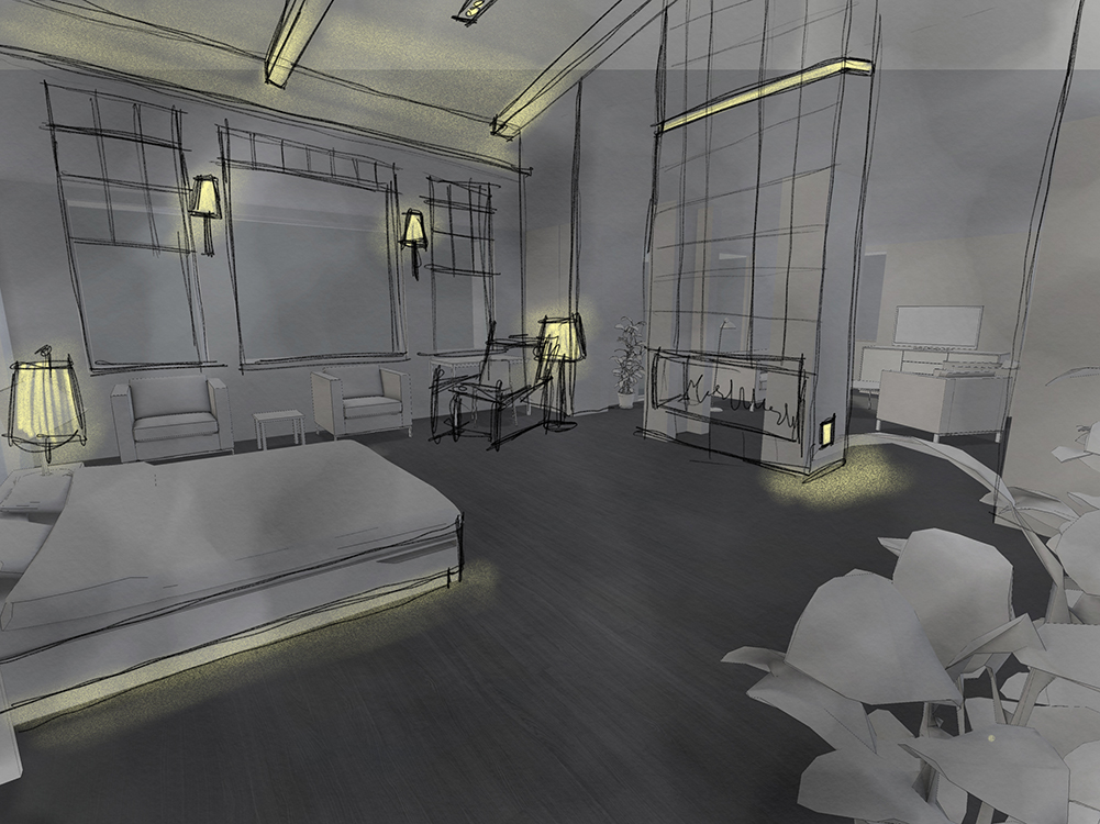 a greyscale CAD sketch of a bedroom with lighting fixtures throughout