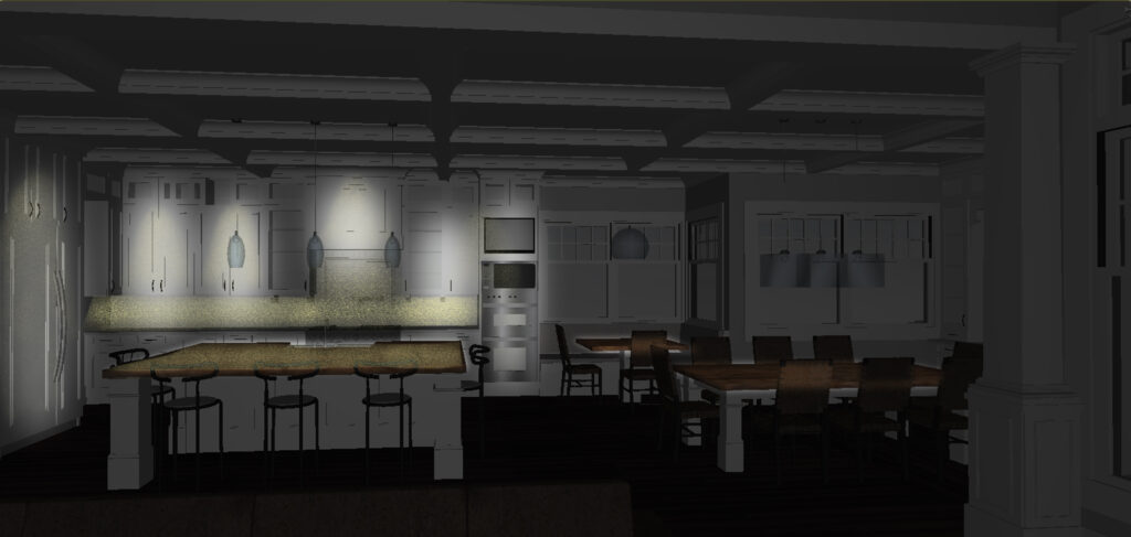 a CAD sketch of a kitchen and dining room with a lot of lighting in the kitchen area, so there is plenty to see when cooking
