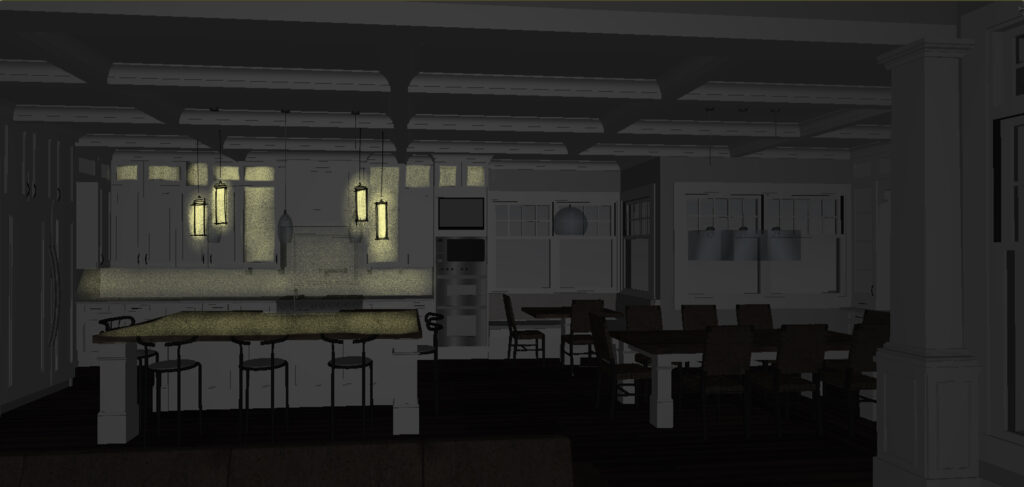 A CAD sketch of a kitchen and dining room with lighting ready for guests