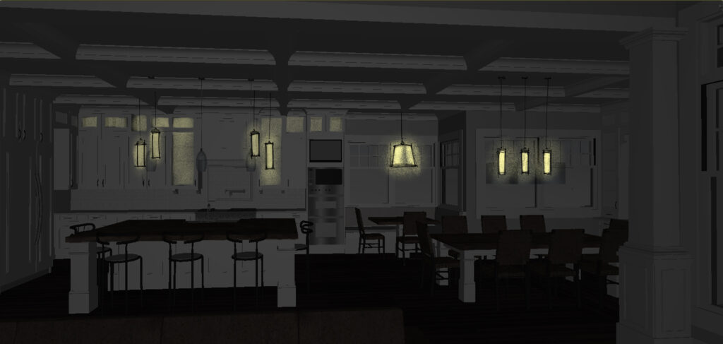 a CAD sketch of a kitchen and dining room with light signifying the time for dinner