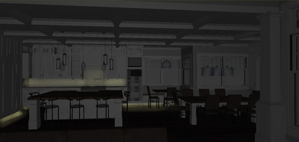 a CAD sketch of a kitchen and dining room with lighting meant to be used at night