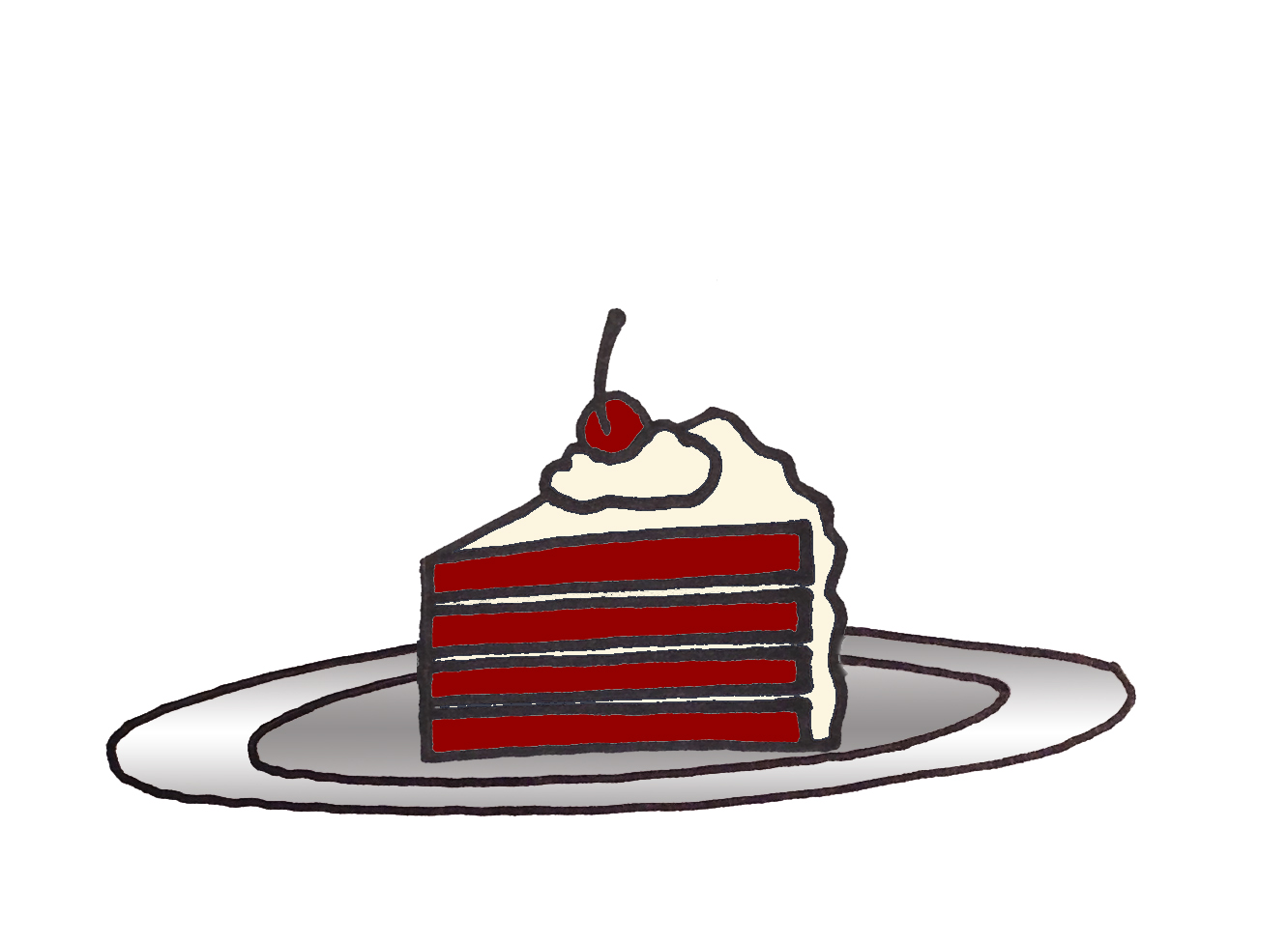 An illustration of a slice of red velvet cake on a plate