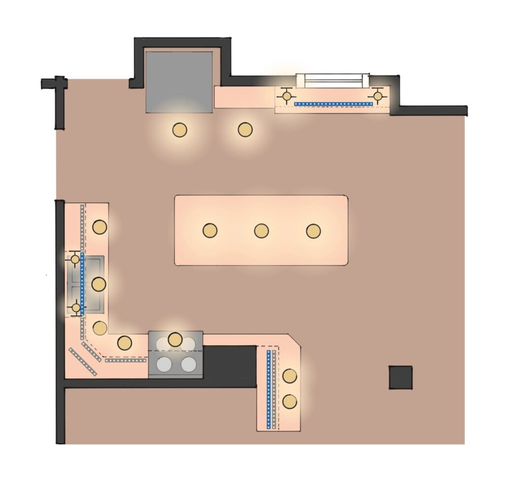 A top down floor layout of a kitchen with placement of lighting on it