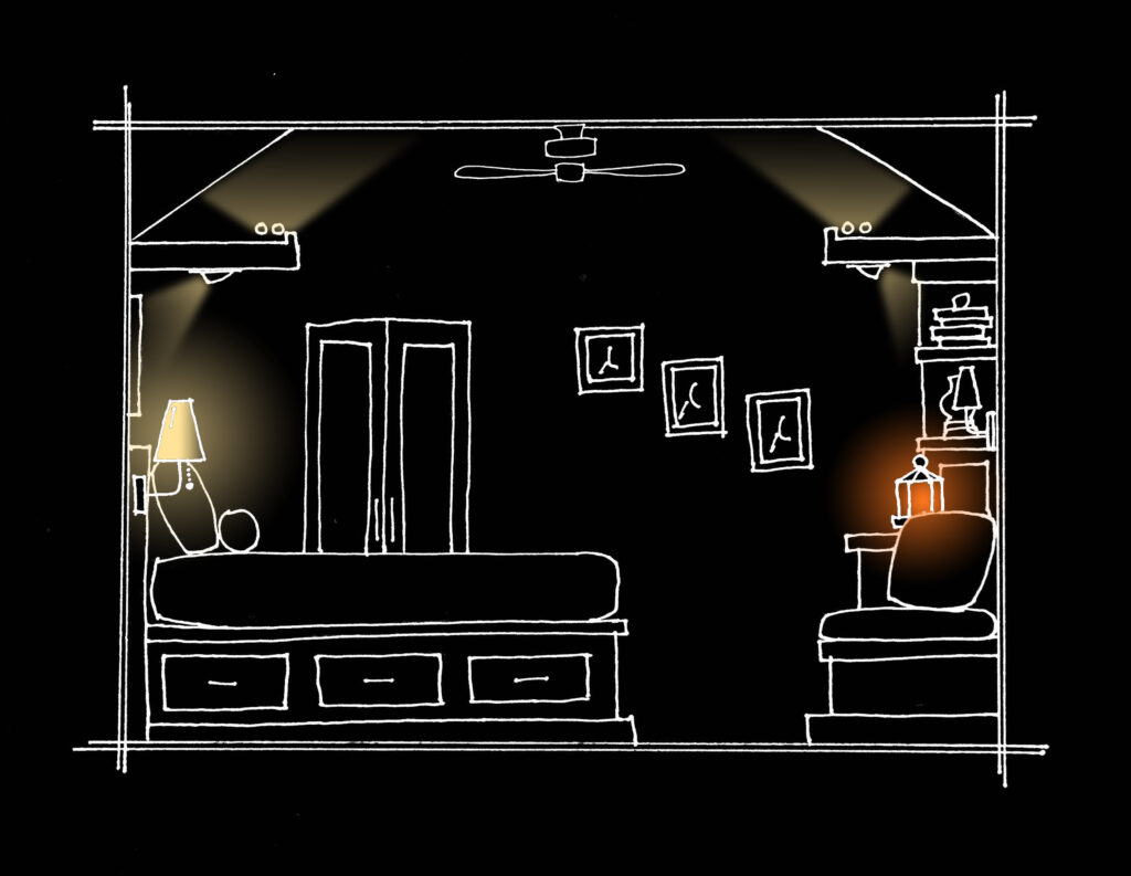 a black and white diagram showing a bedroom lit with cove lighting and two smaller lamps
