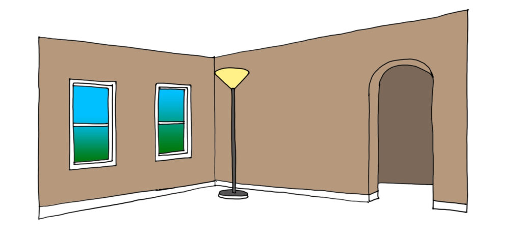 A sketch of a corner of a room with two windows on the left, a floor lamp and a arch doorway on the right