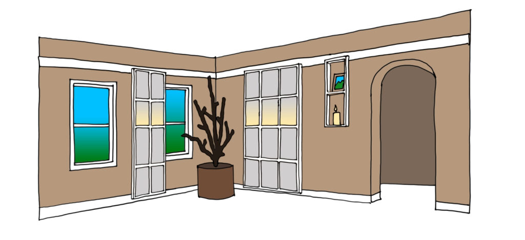 A sketch of a corner of a room with two windows on the left, a tall plant in a planter, some mirrors and a shelf, and a arch doorway on the right